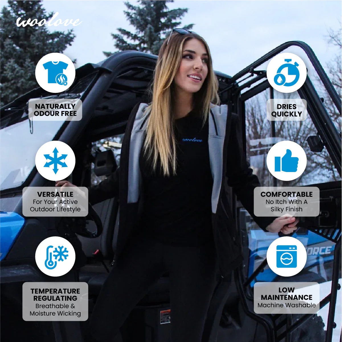 Woman in black outdoor leggings by vehicle, highlighting odor-free, quick-dry, and comfort benefits