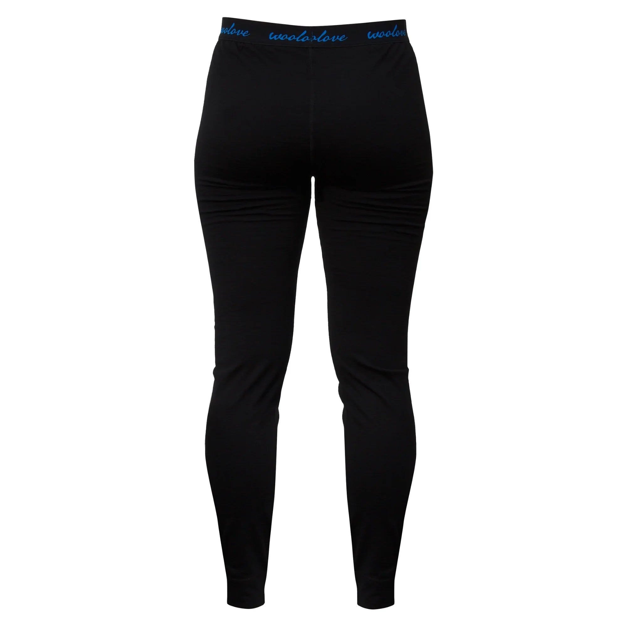 Back view of women's black thermal leggings with blue waistband reading woolxlove