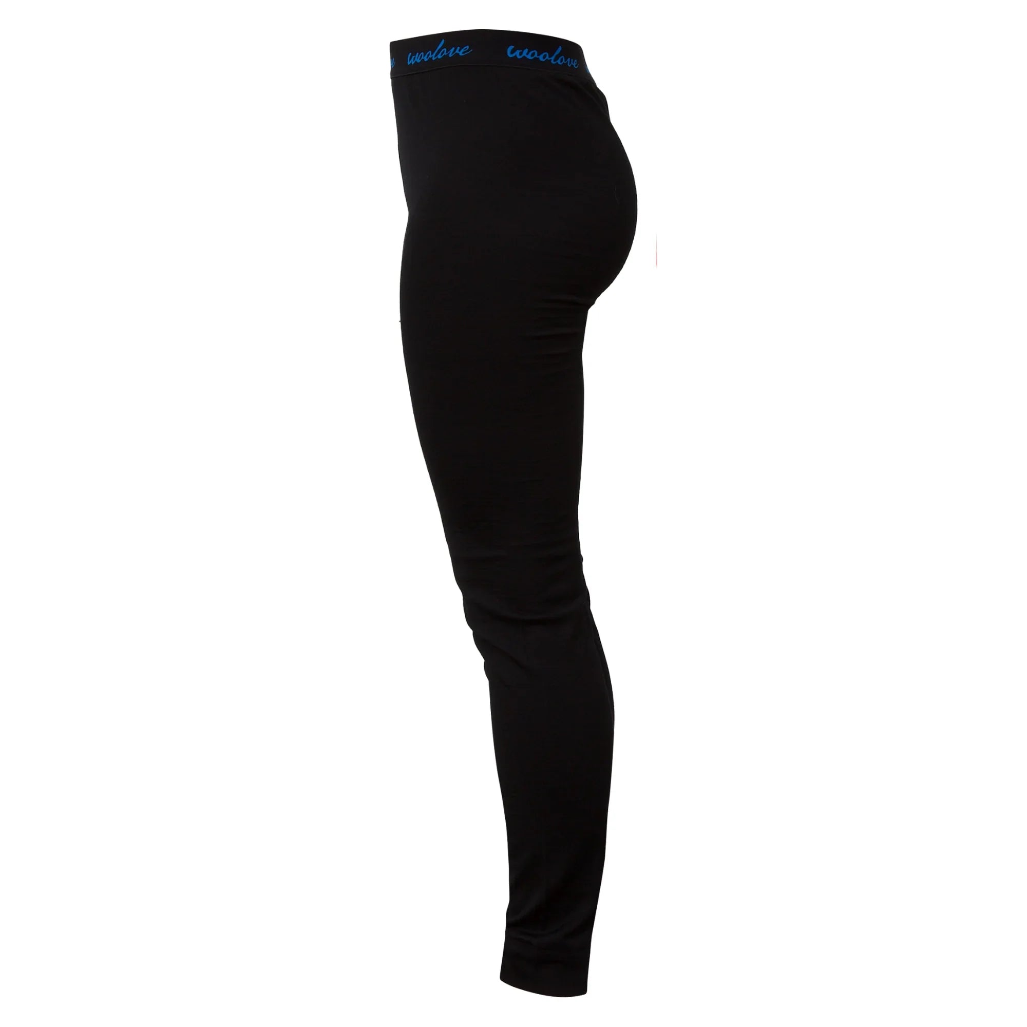 Women's black merino wool thermal leggings side view, blue Woolove waistband