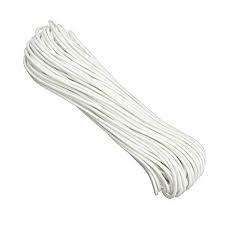 White elastic cord bundle for crafts, sewing, or mask making on a plain background