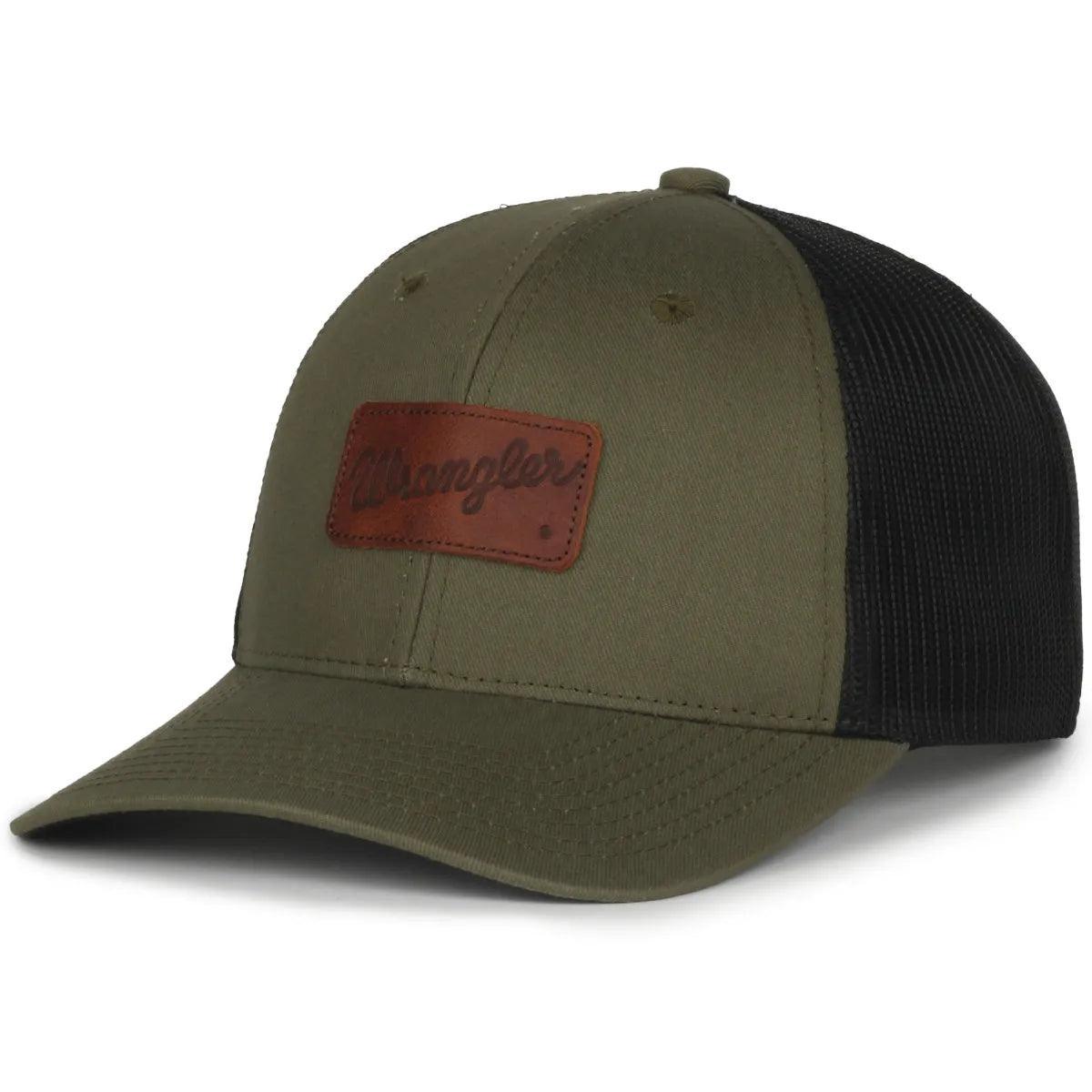 Wrangler olive green trucker cap with brown leather patch and black mesh back