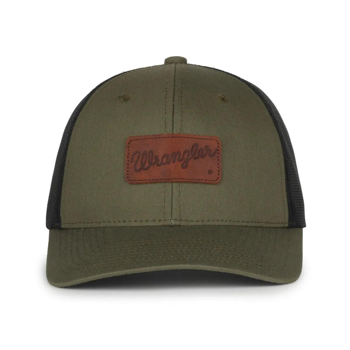 Olive green Wrangler cap with brown leather patch and black mesh back, front view