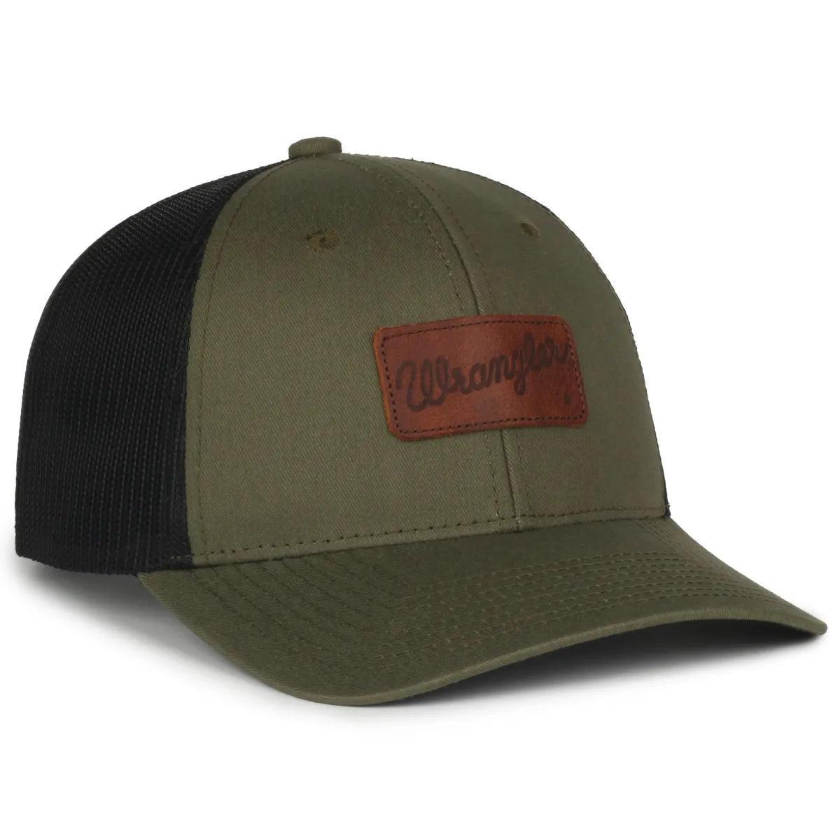 Olive green Wrangler cap with leather patch and black mesh back, outdoor sports hat