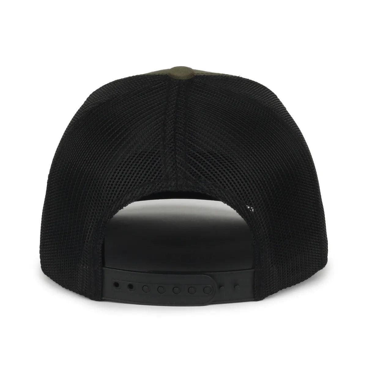Back view of black mesh Wrangler trucker cap with adjustable snapback closure