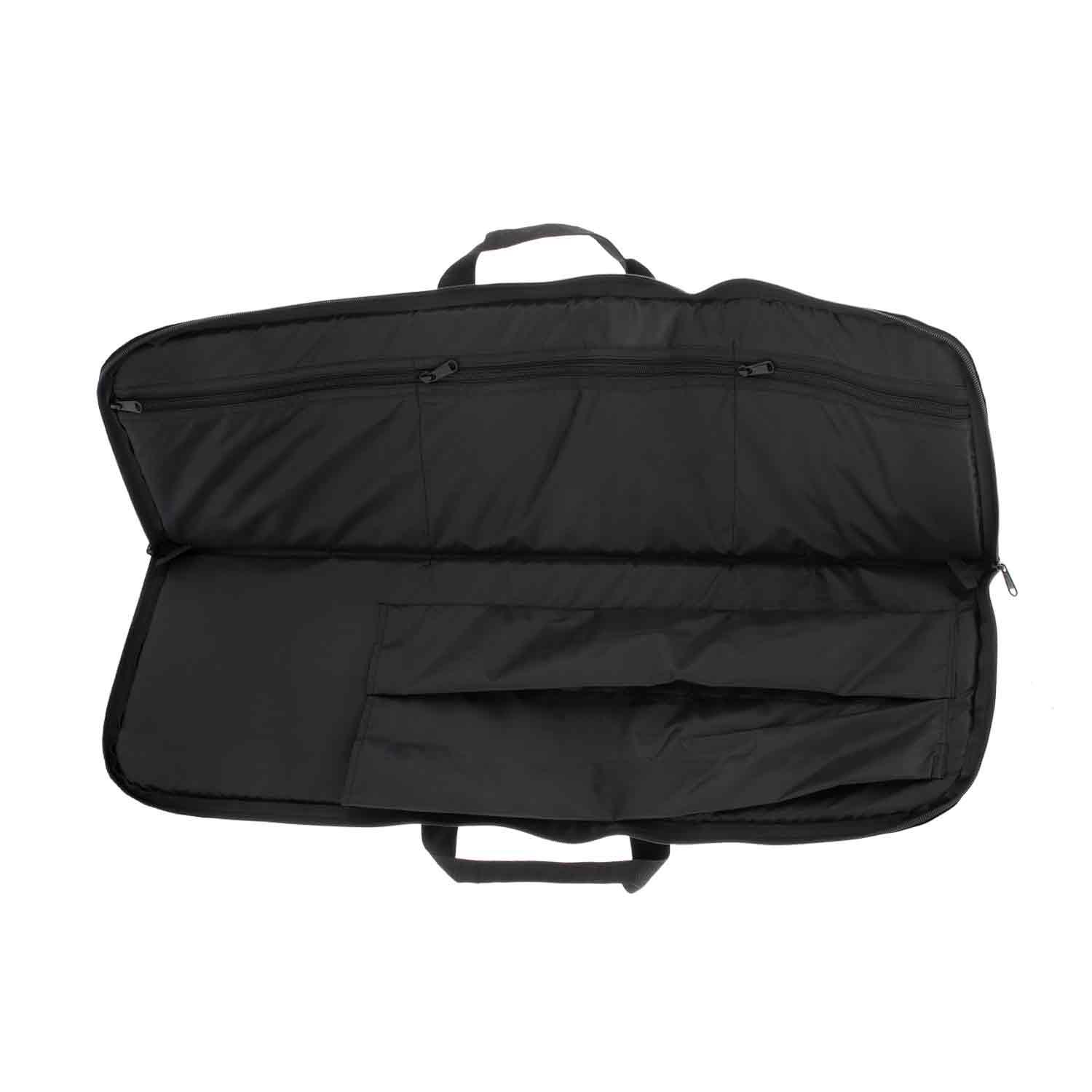 Black soft rifle case with interior zippered pockets and handle