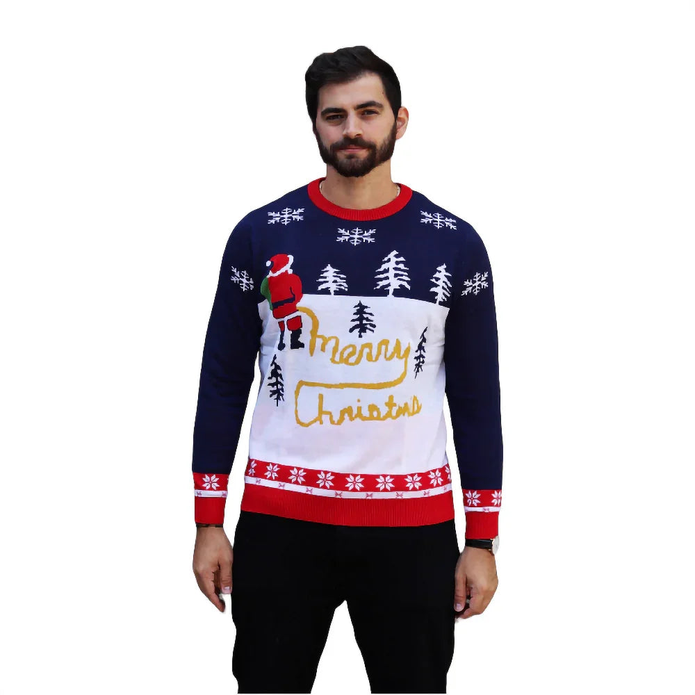 Man wearing a Merry Christmas ugly Christmas sweater with Santa and tree design