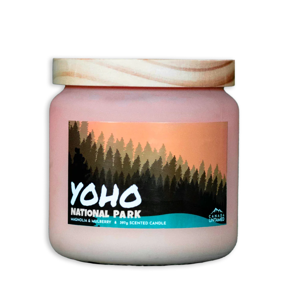 Yoho National Park magnolia mulberry scented candle with forest label and wooden lid