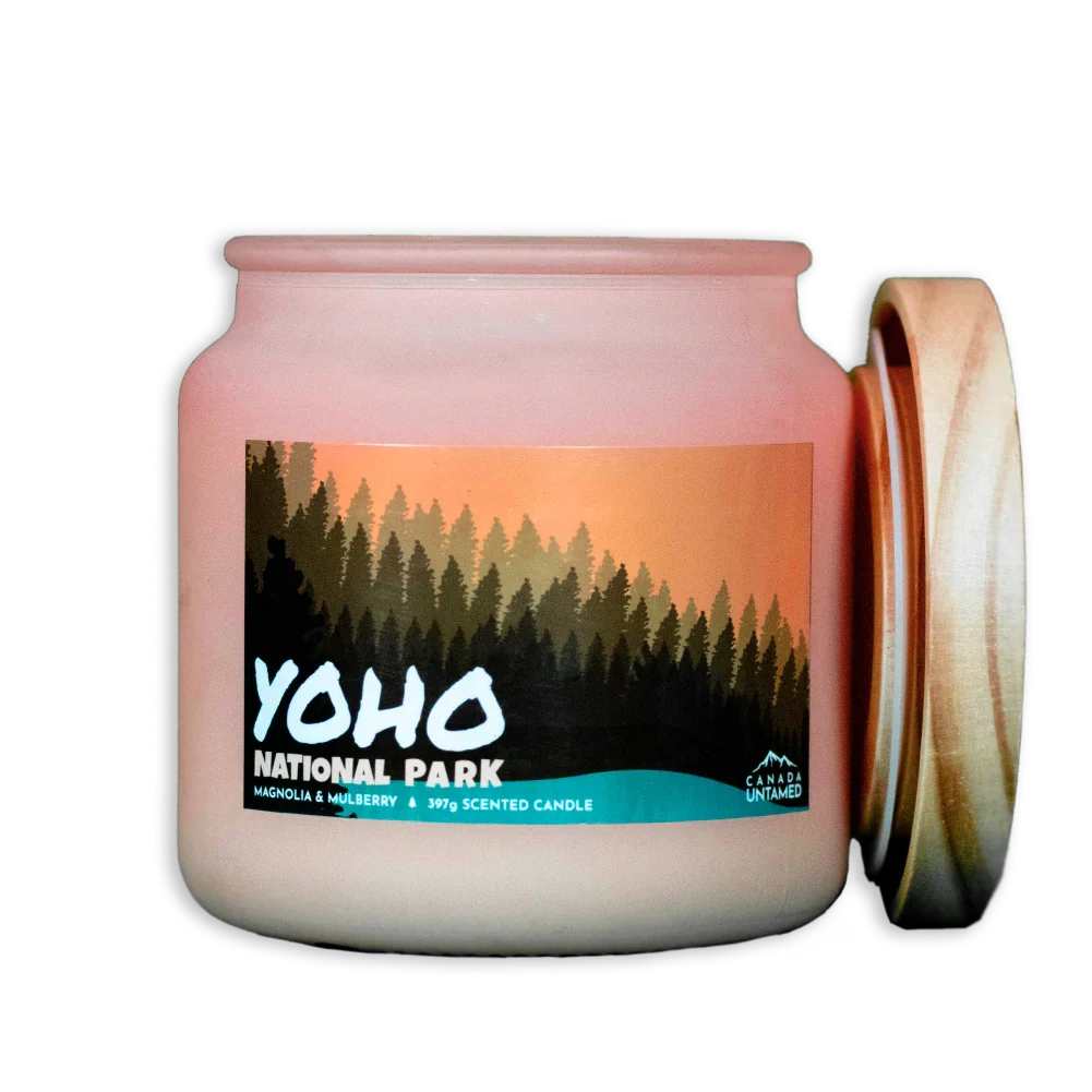 Yoho National Park magnolia mulberry scented candle in pink jar with forest label