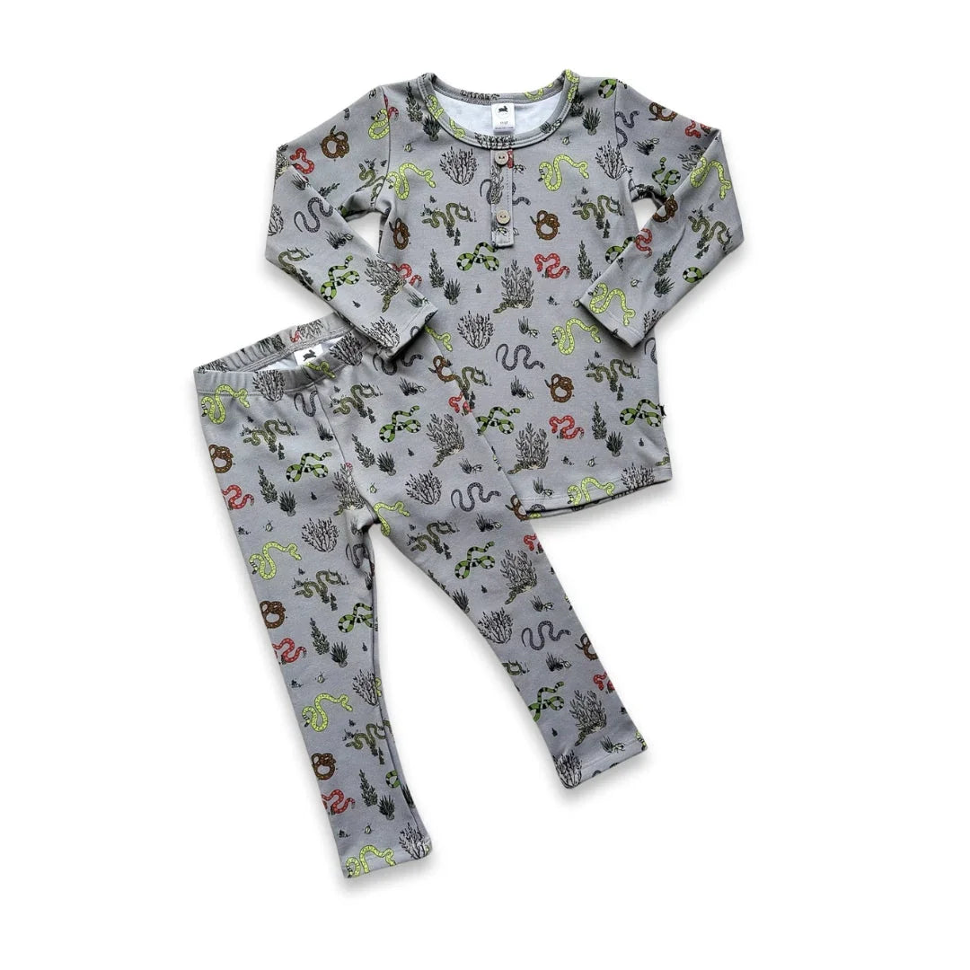 Grey kids pajama set with colorful snake and plant print, long sleeves and pants