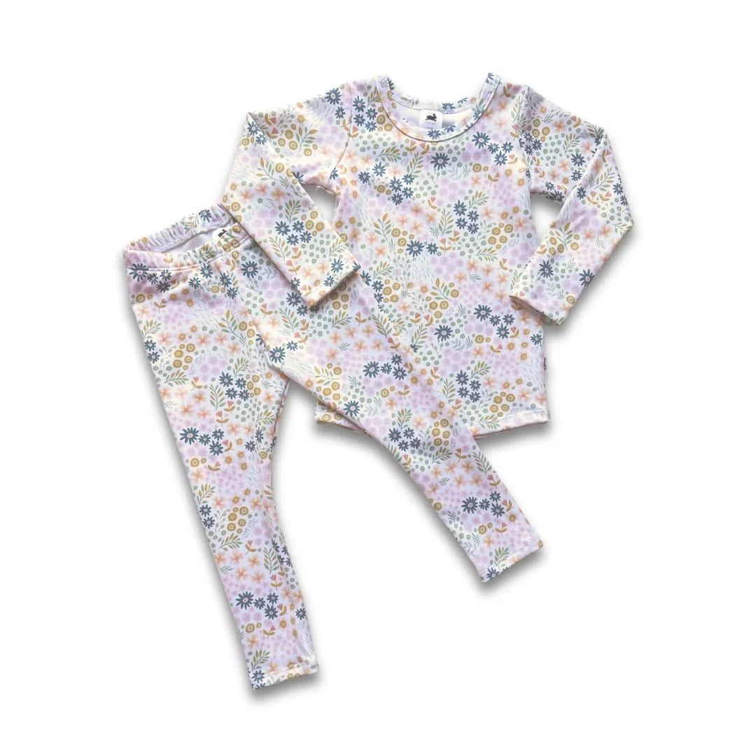 Youth 2-piece bamboo lounge set with pastel floral print on white background