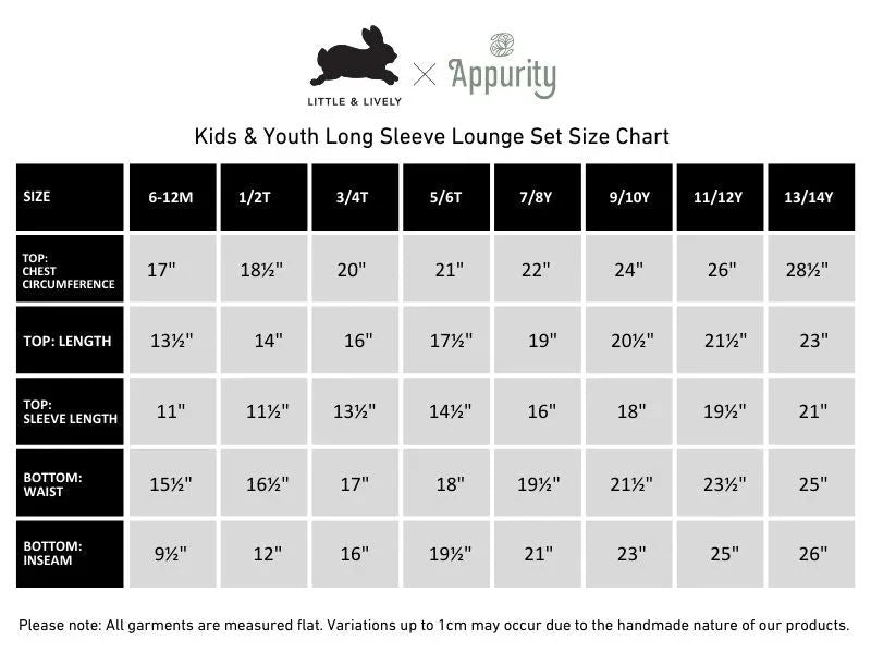 Little & Lively Appurity kids bamboo lounge set size chart with chest, length, sleeve, waist, inseam measurements.