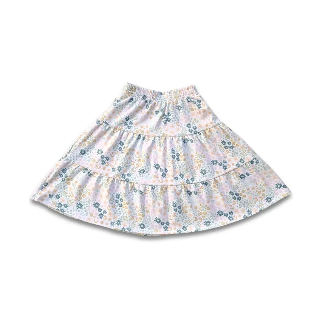 Youth bamboo floral Aria skirt with pastel flower print on white background