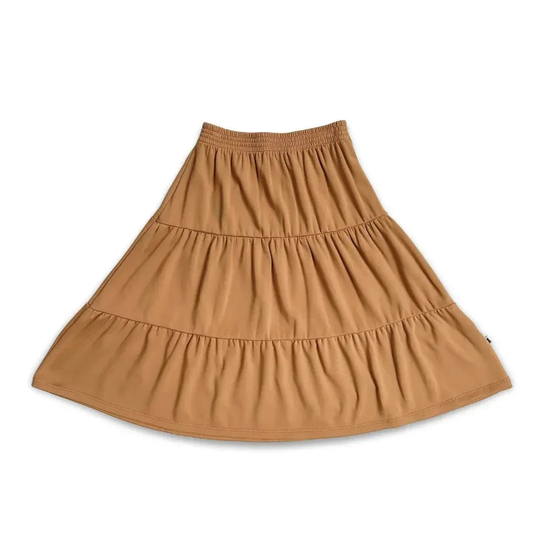 Youth bamboo aria skirt in tan color with tiered ruffles on white background