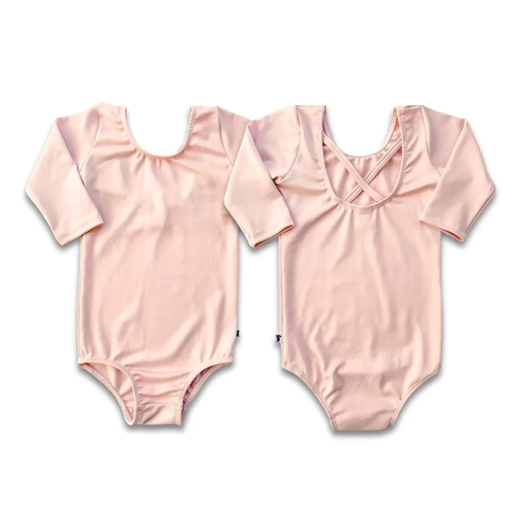 Front and back view of pink youth bamboo Audrey bodysuit with long sleeves