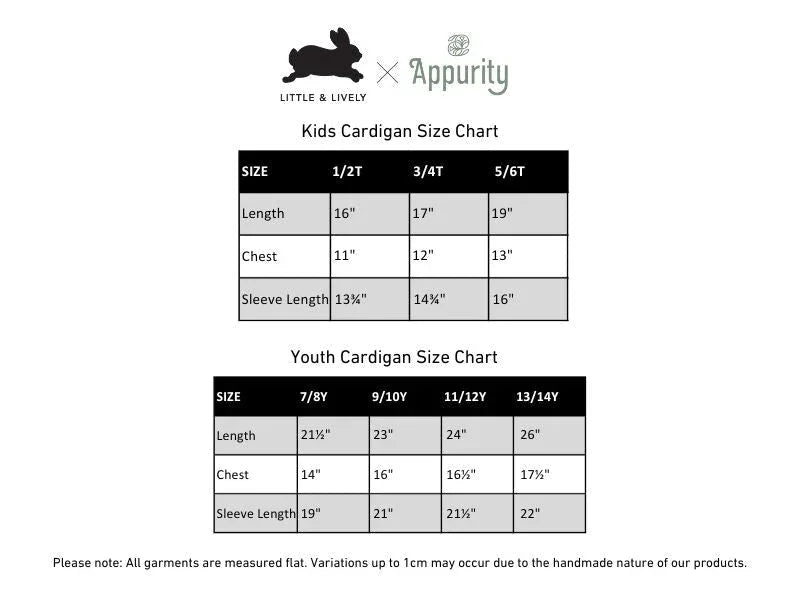 Little & Lively x Appurity kids and youth bamboo cardigan size chart with measurements.