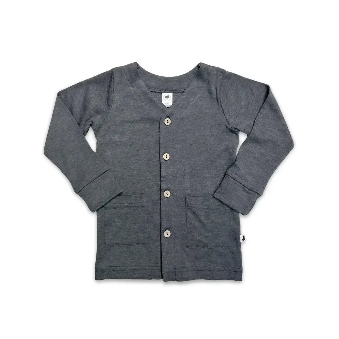 Youth bamboo cardigan with long sleeves, front buttons, and pockets, dark grey color.