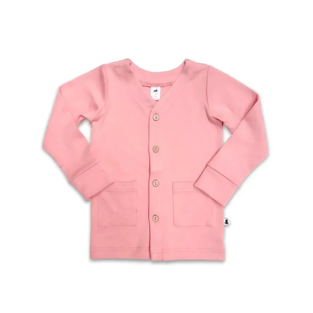 pink youth bamboo cardigan with buttons and front pockets on white background