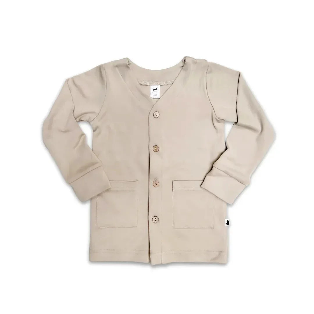 Beige youth bamboo cardigan with buttons and front pockets on white background