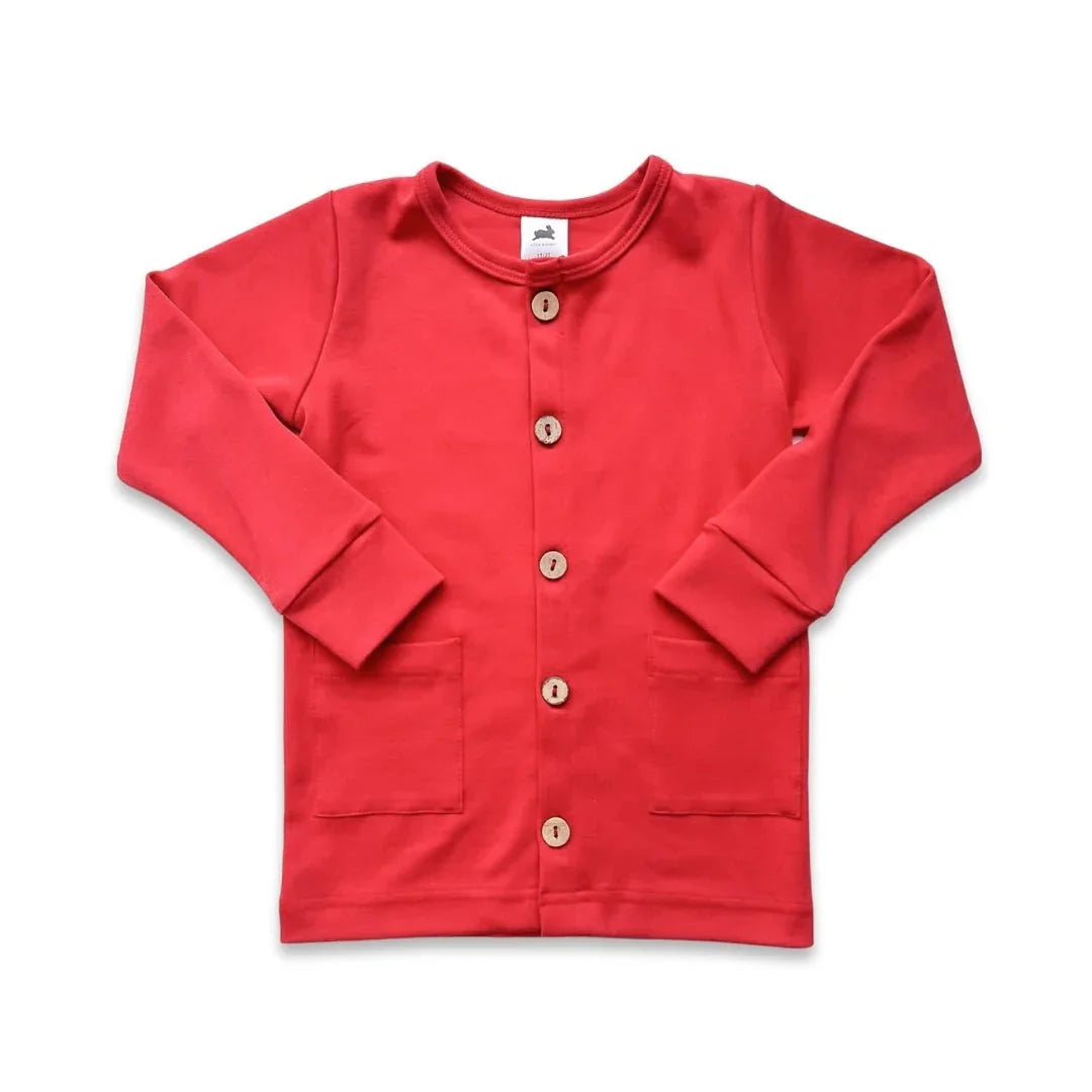 Red youth bamboo cardigan with front buttons and pockets on white background