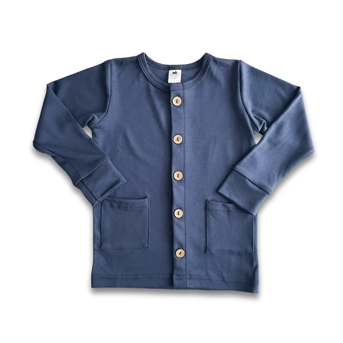 Blue kids' cardigan with wooden buttons and front pockets on white background