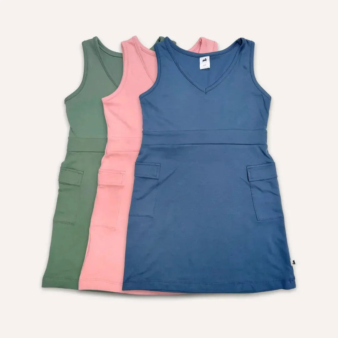 Youth bamboo cargo jumpers in blue, pink, and green with front pockets on a white background.