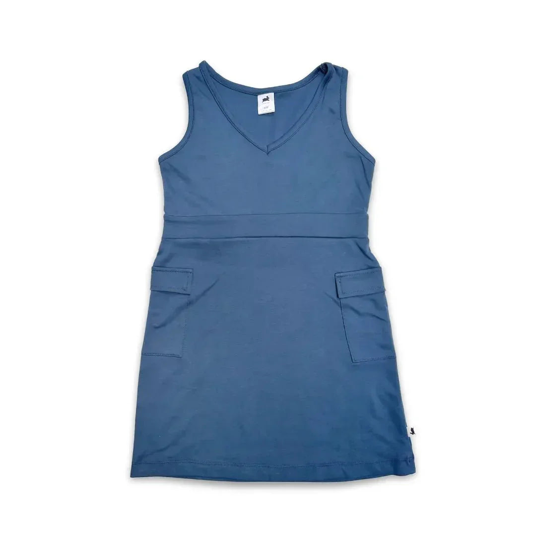 Blue youth bamboo cargo jumper dress with v-neck and front pockets on white background