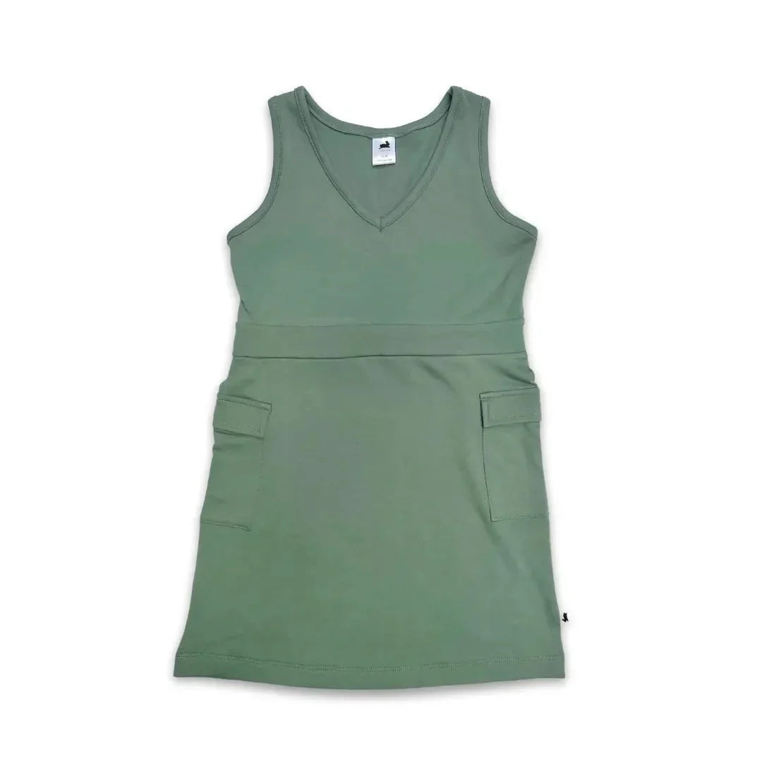 Green youth bamboo cargo jumper dress with v-neck and front pockets on white background