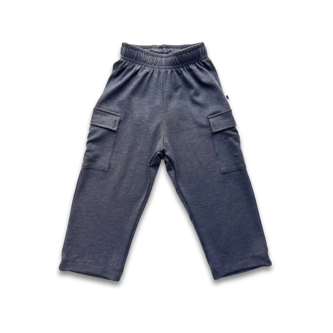 Youth bamboo cargo pants in dark gray with side pockets, elastic waist, flat lay