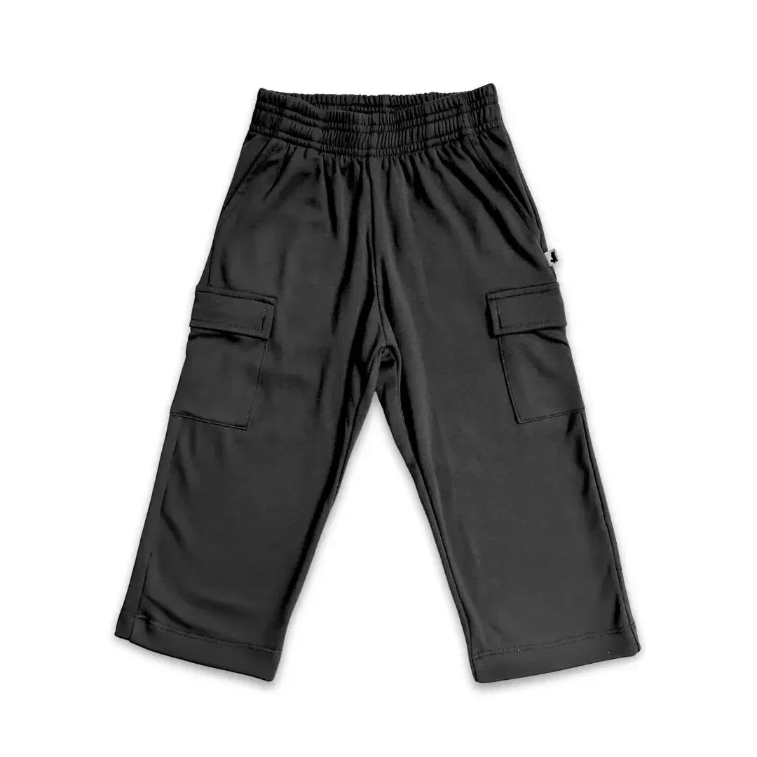 Black youth bamboo cargo pants with side pockets on white background