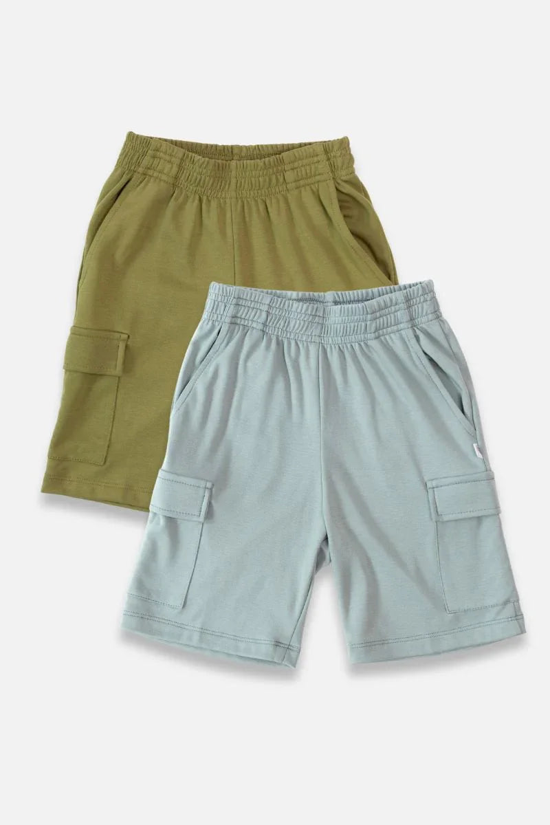 Two pairs of kids' cargo shorts in olive green and light blue on white background