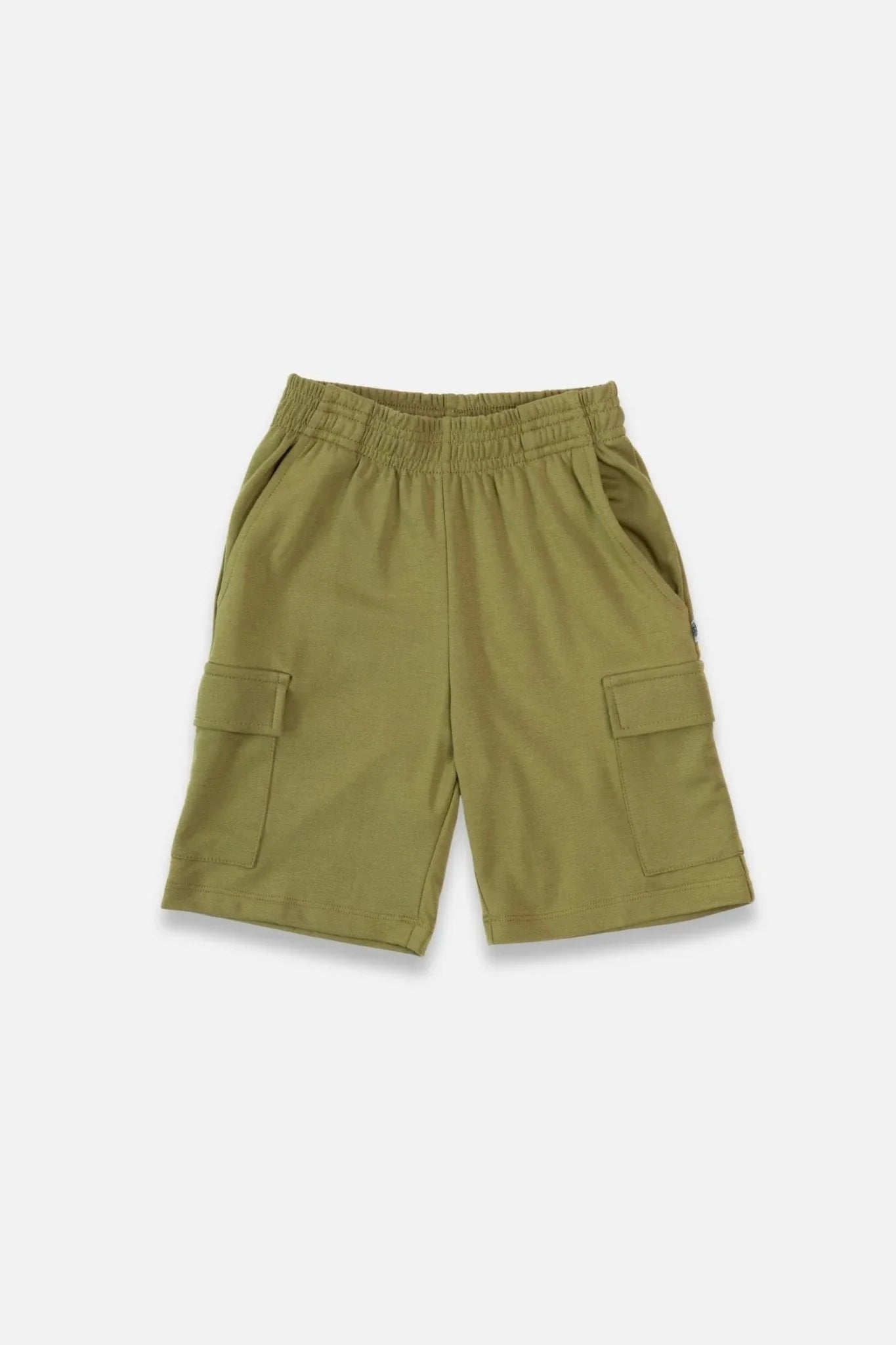 Olive green youth bamboo cargo shorts with elastic waistband and side pockets on white background