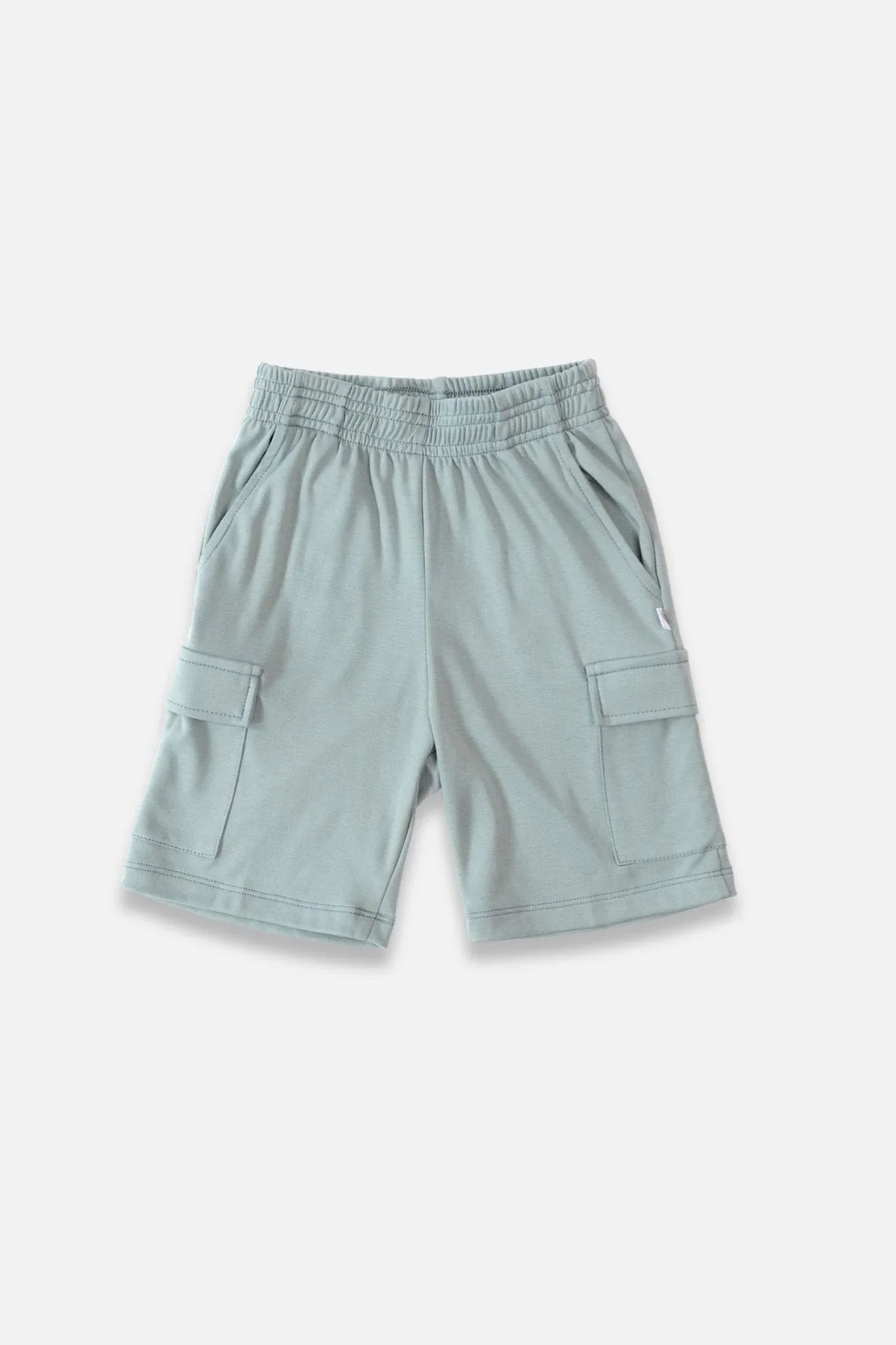 Light blue bamboo youth cargo shorts with elastic waistband and side pockets on white background