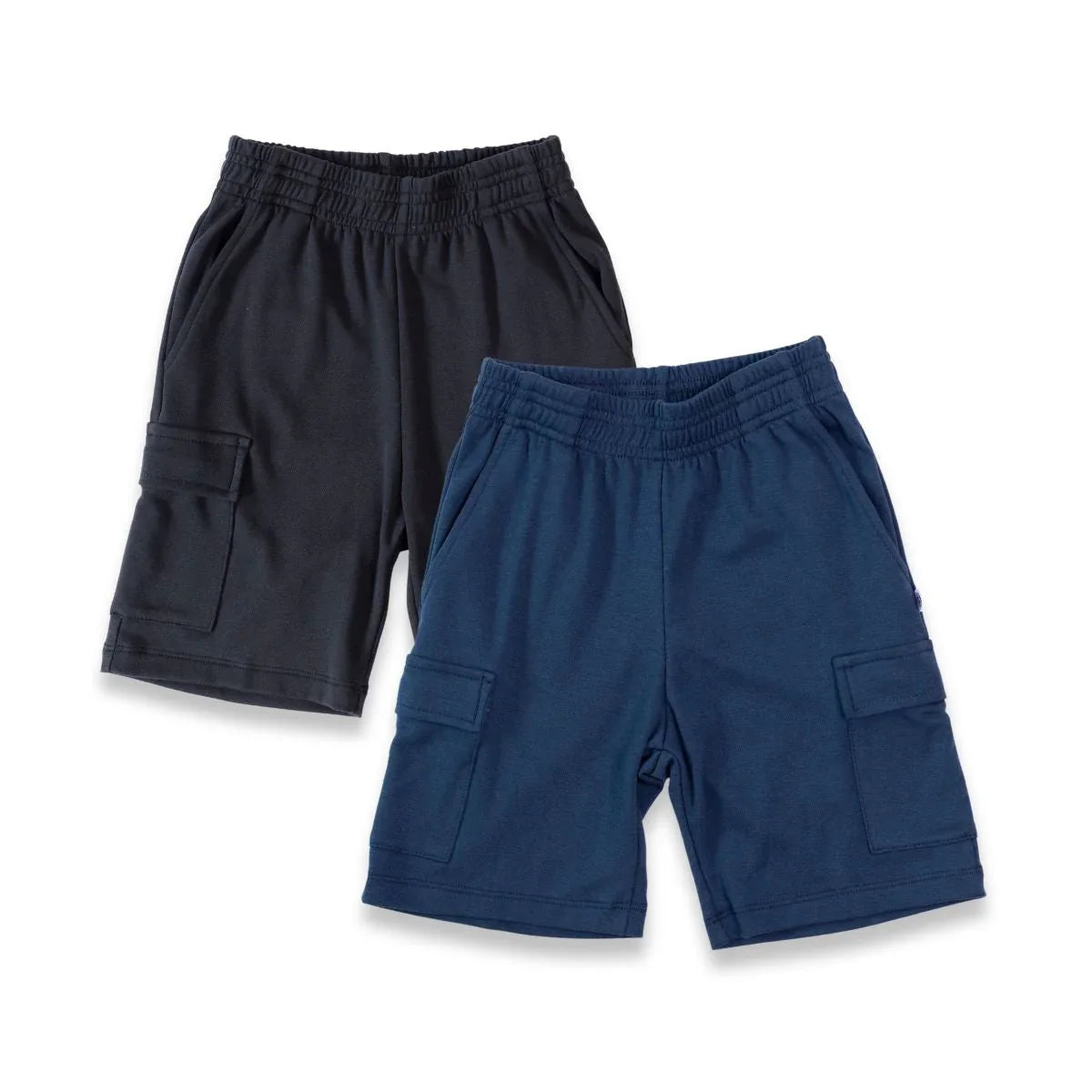 Two pairs of boys’ cargo shorts, one navy blue and one black, with elastic waistbands.