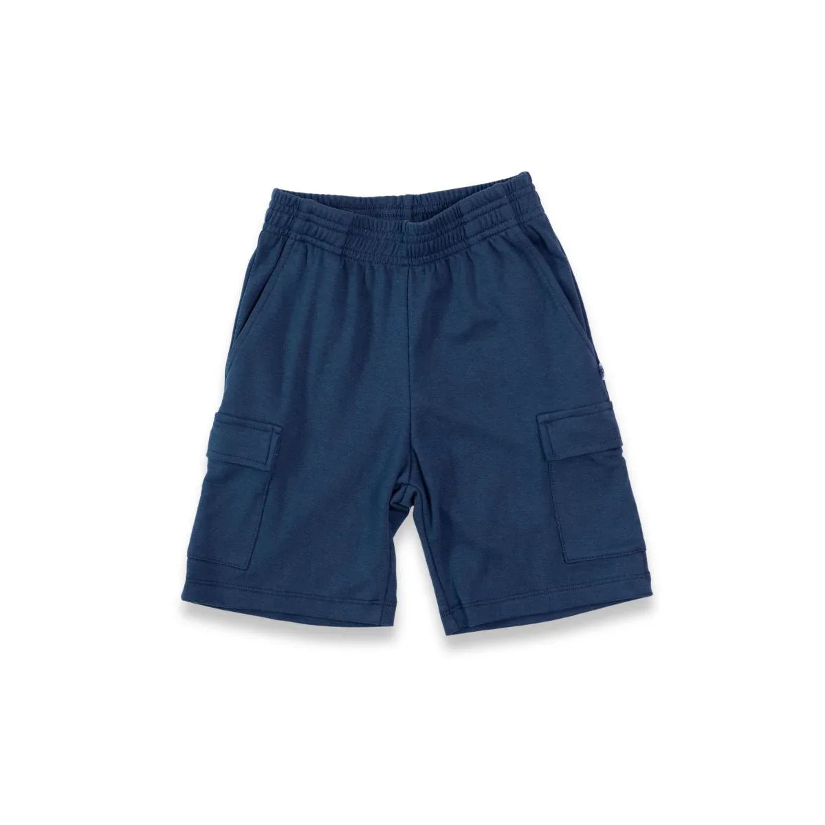 Navy blue kids cargo shorts with elastic waistband and side pockets on white background