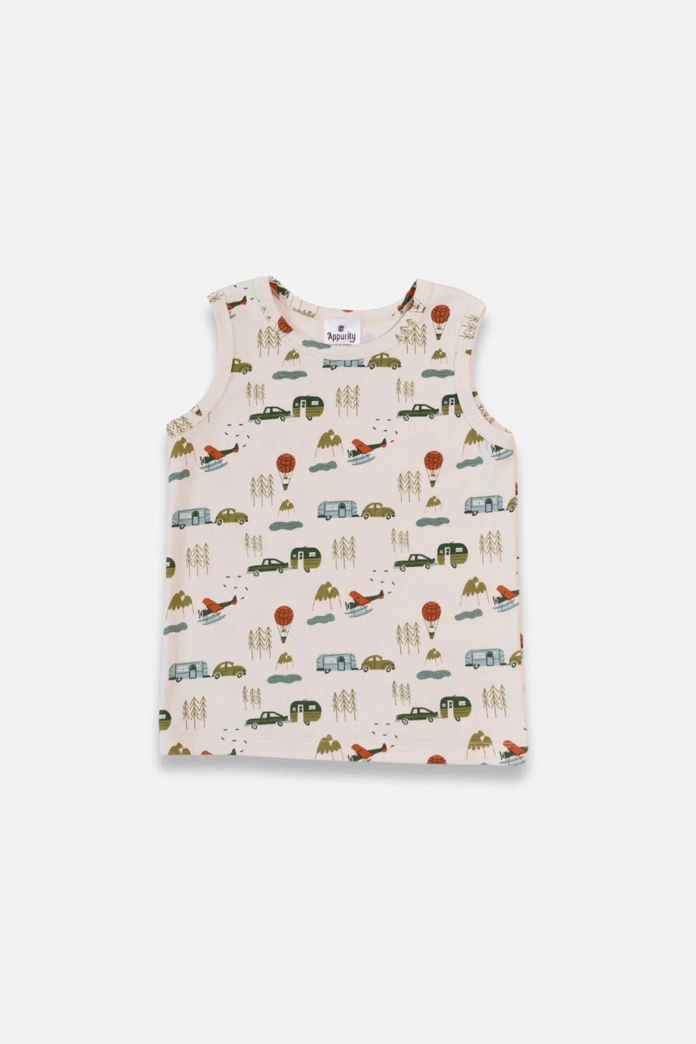 Youth bamboo tank top with cars, airplanes, trees, and mountains camping print on white