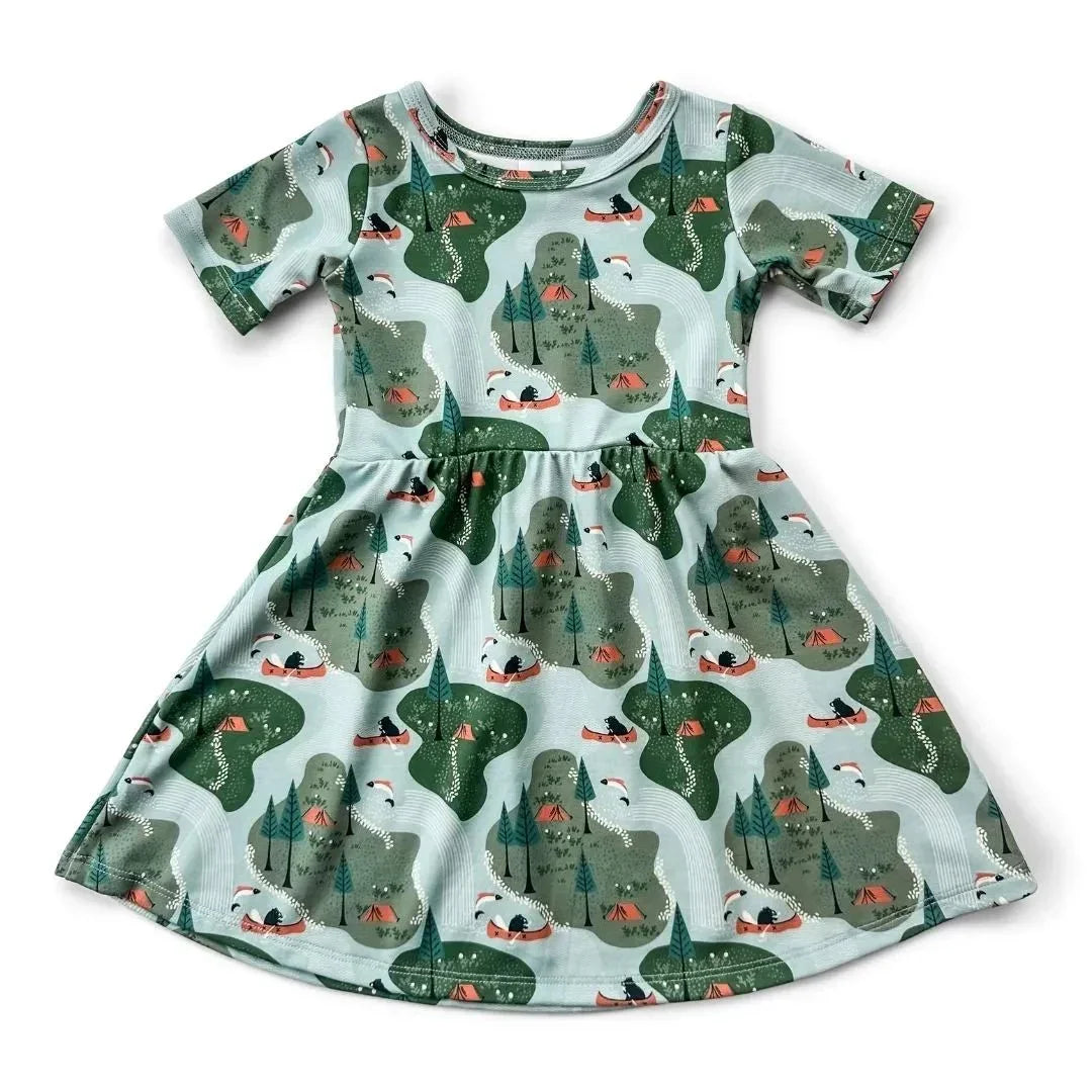 Youth bamboo dress with green forest and campsite print, short sleeves, and gathered waist