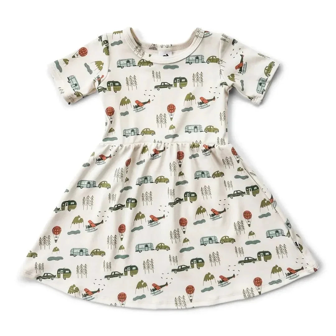 Youth bamboo dress with camping and adventure print on white background