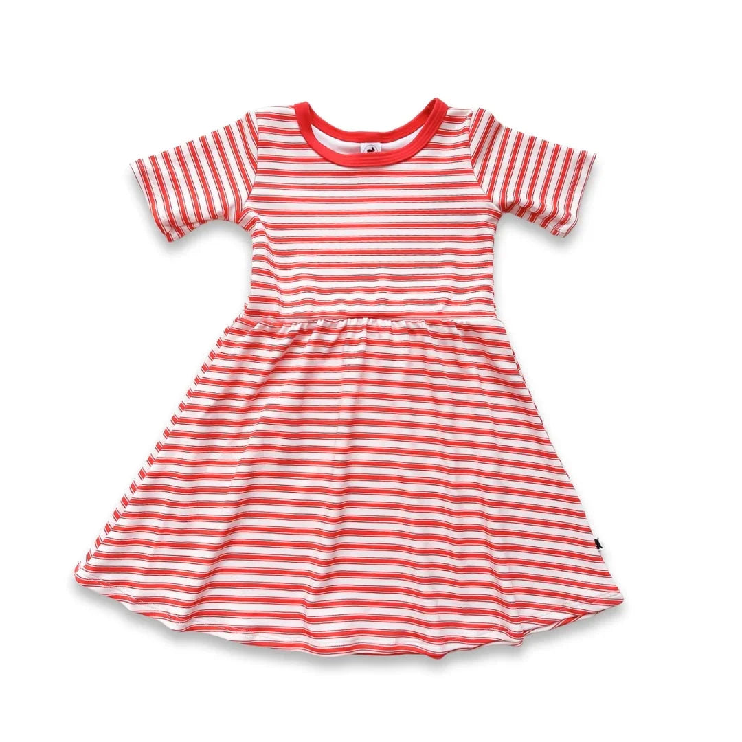 Red and white striped short sleeve girls' dress on white background