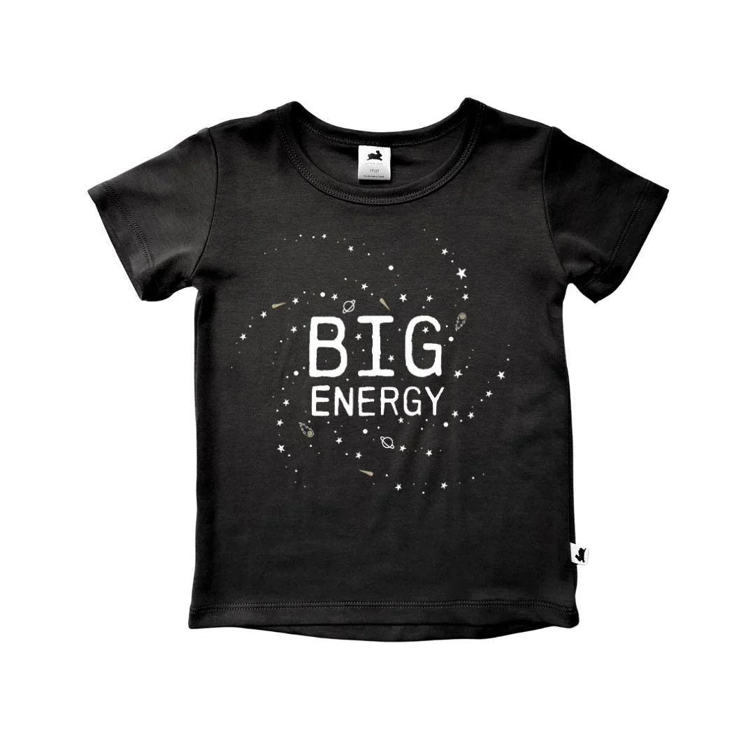 Black kids t-shirt with 'Big Energy' text and celestial space design