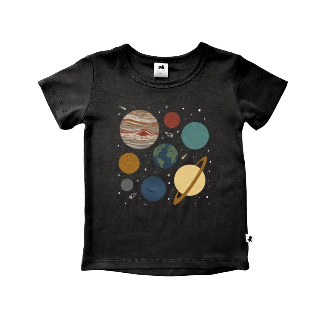Black kids' t-shirt with colorful planets and stars space graphic print on front