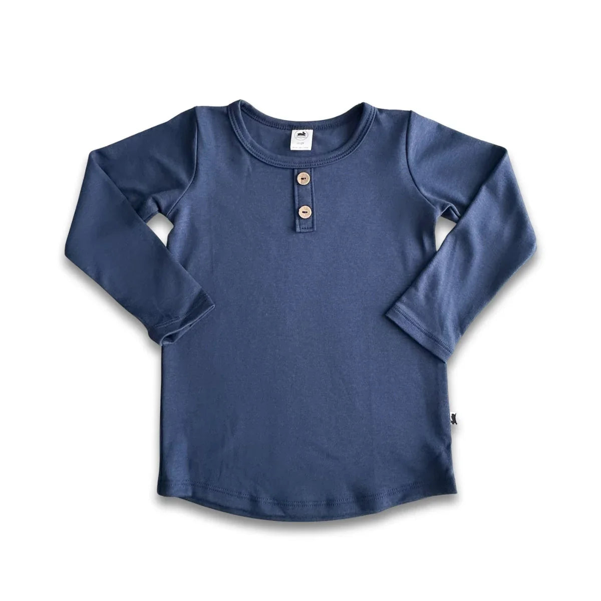 Navy blue long sleeve henley shirt for kids with two wooden buttons on white background
