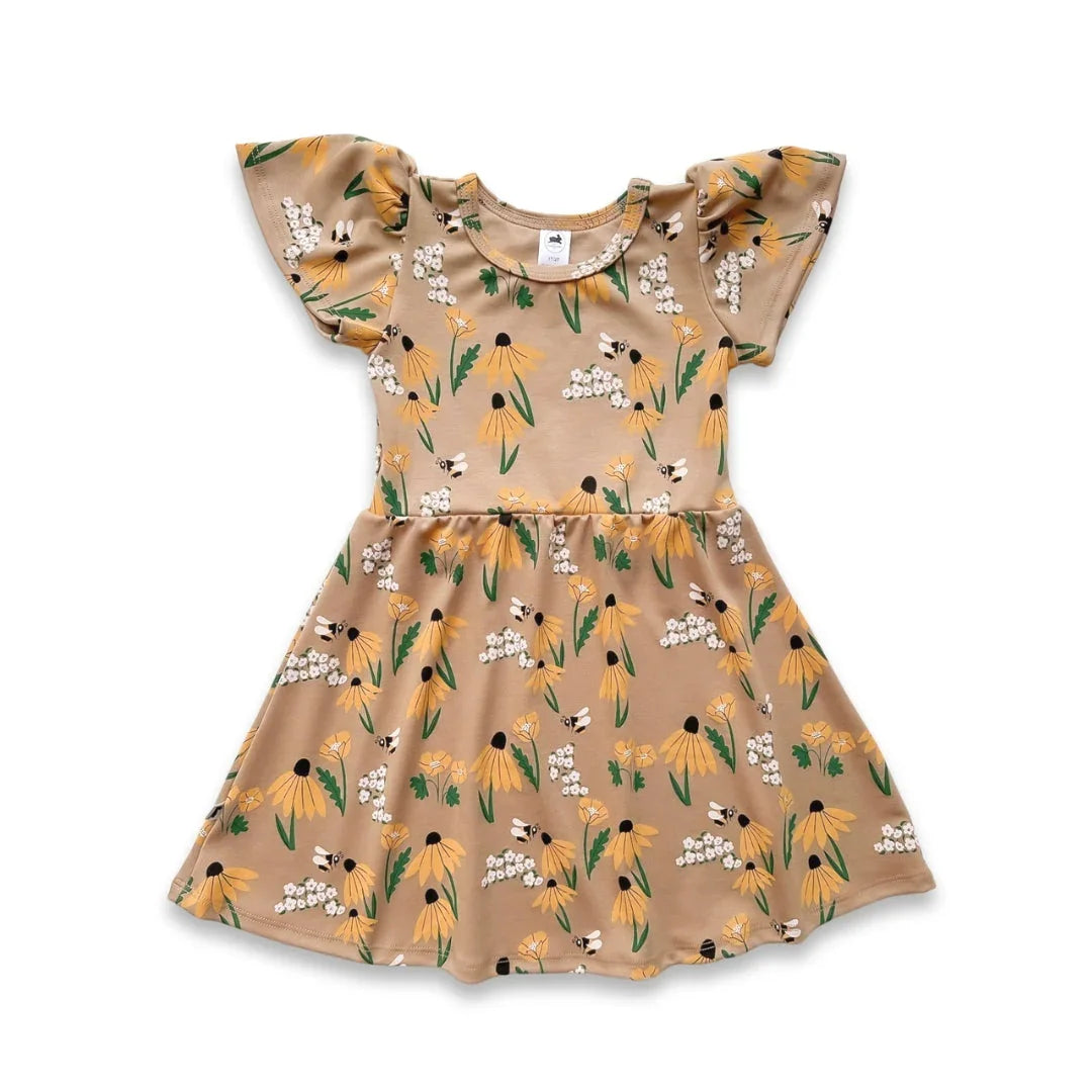 Girls' beige floral dress with yellow flowers, white blooms, bees, and ruffle sleeves