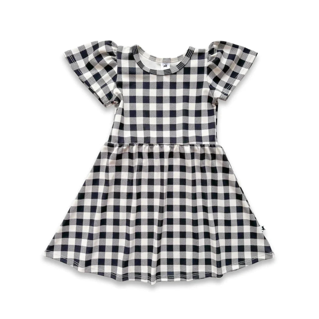 Black and white gingham girls dress with short flutter sleeves on white background