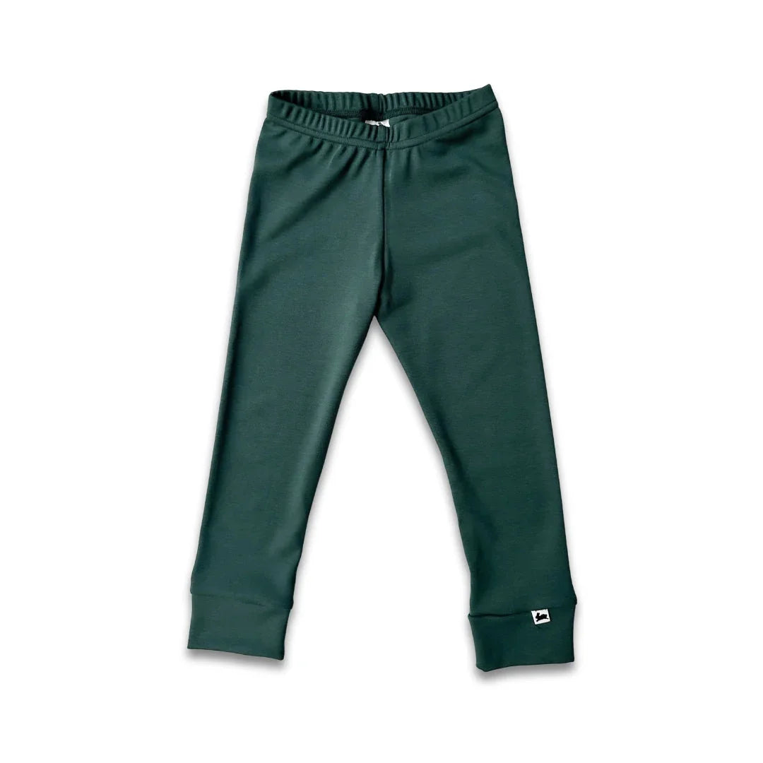 Dark green kids' leggings with elastic waistband and cuffed ankles on white background