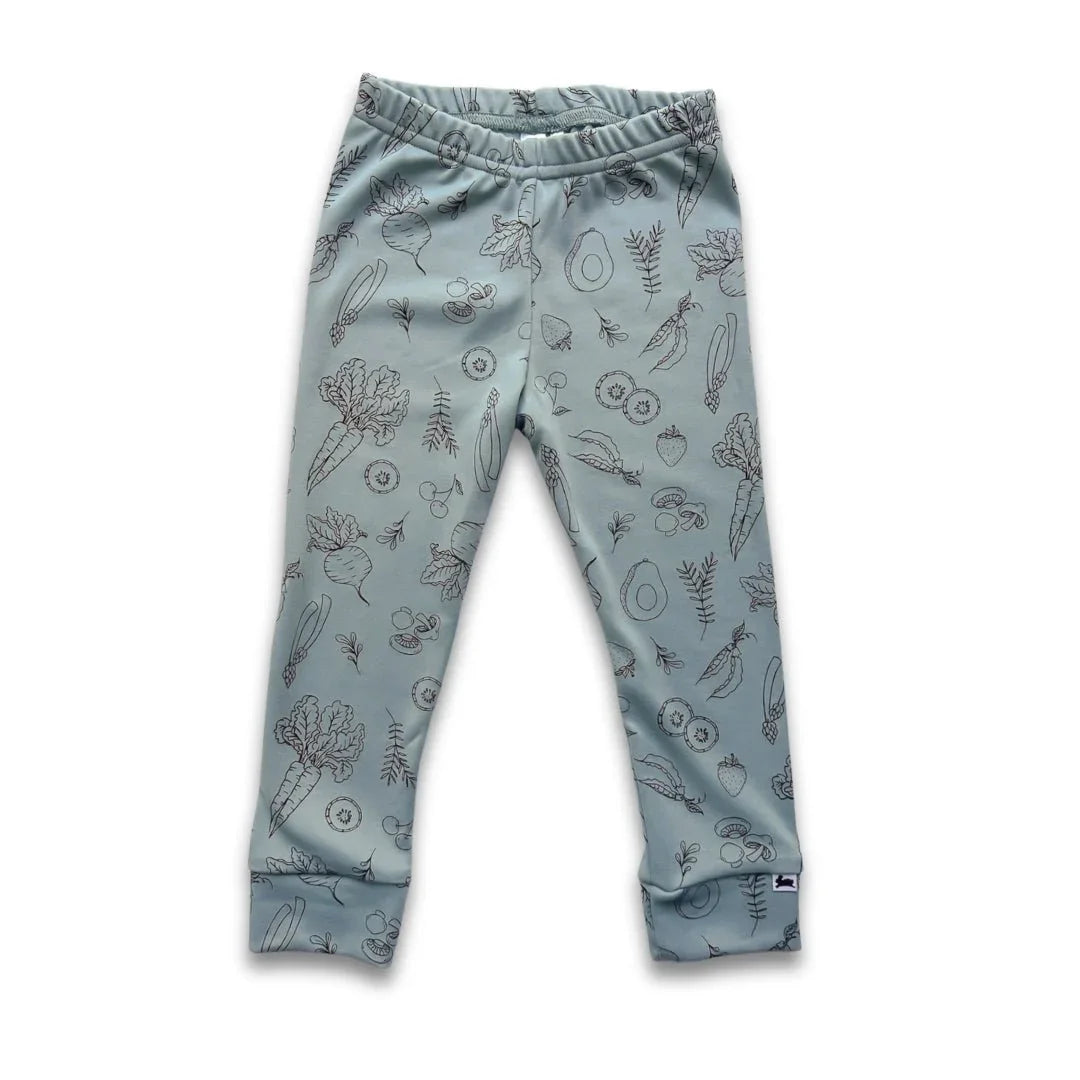 Youth bamboo leggings with vegetable print on light blue fabric, elastic waistband