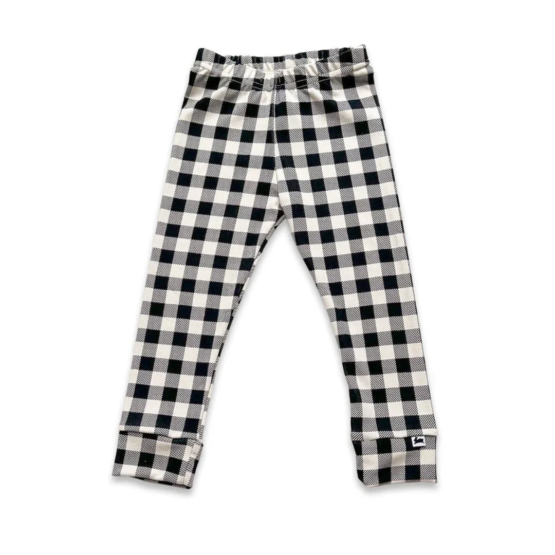 Youth bamboo leggings with black and white check print on white background