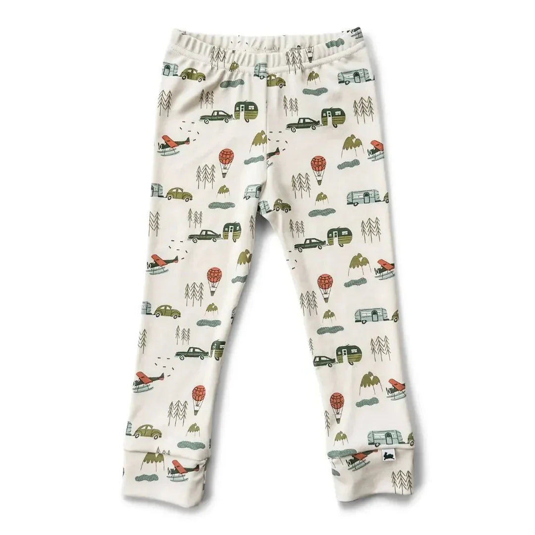Youth bamboo leggings with outdoor adventure print featuring cars, trailers, planes, and mountains