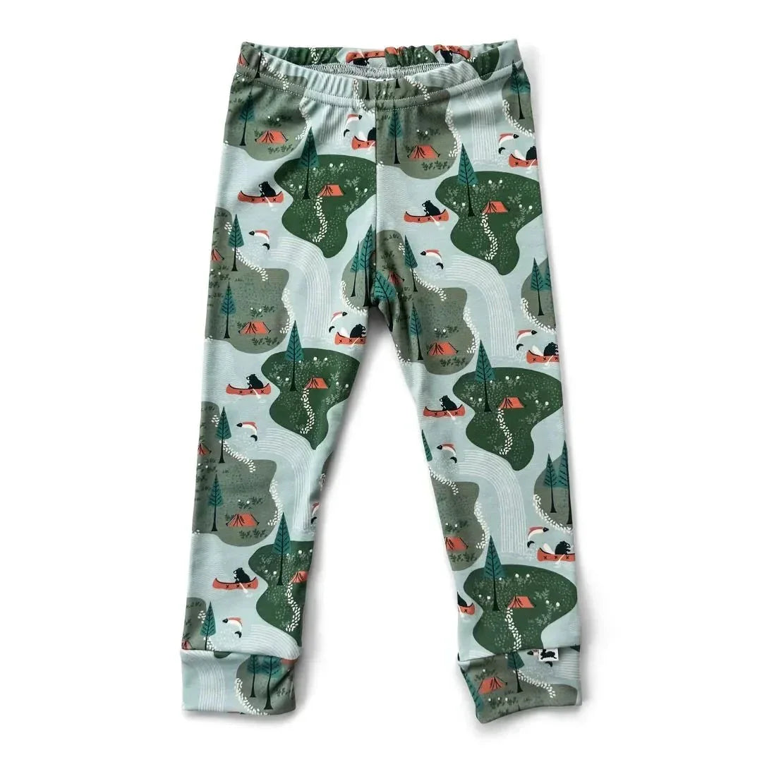 Youth bamboo leggings with outdoor camping, canoe, and forest print on white background.