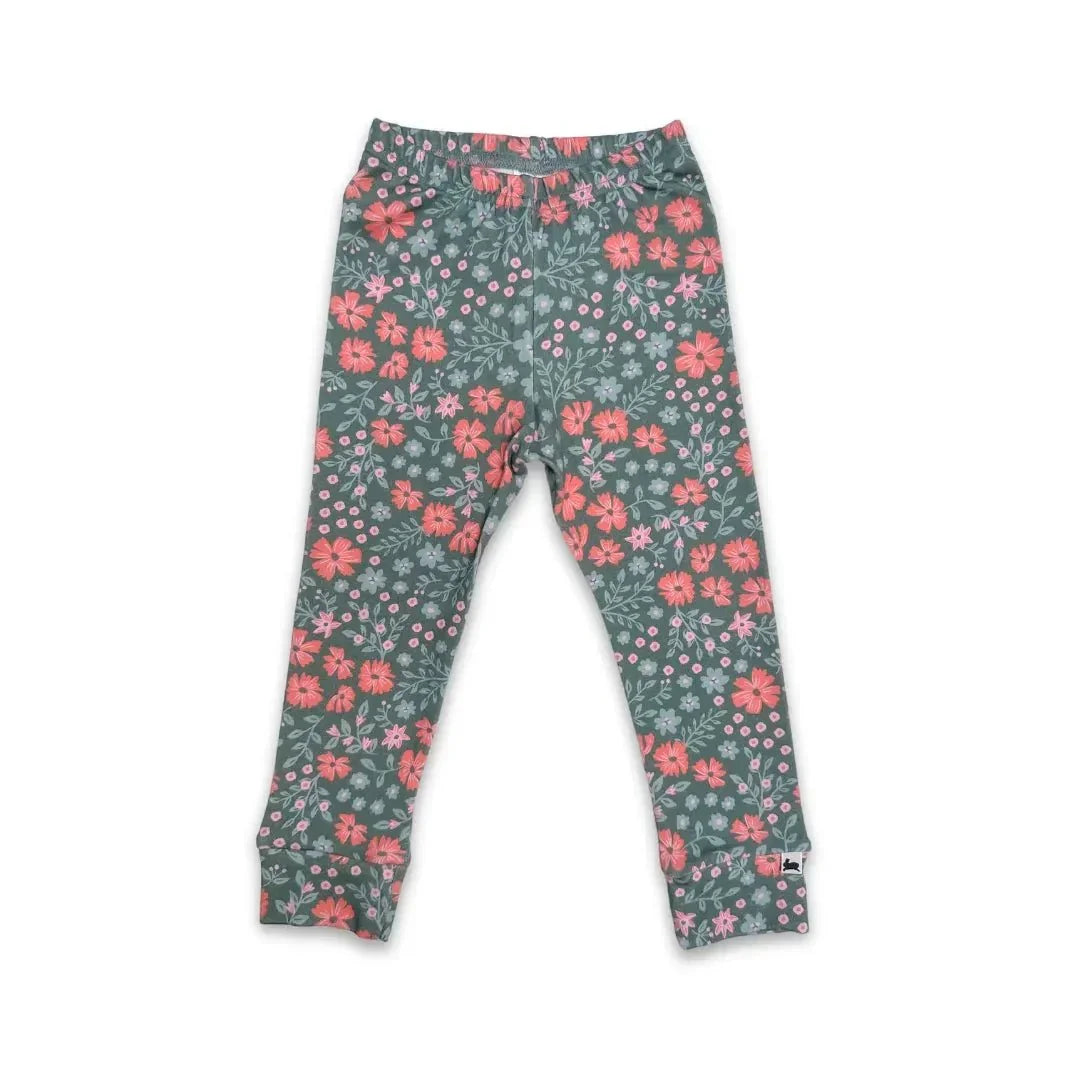 Youth bamboo leggings with pink and red floral print on green background