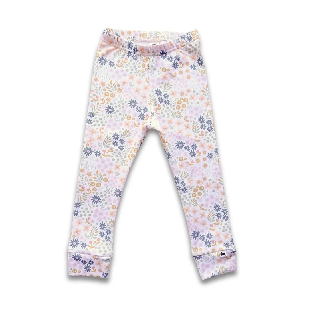 Youth bamboo leggings with pastel floral print on white background